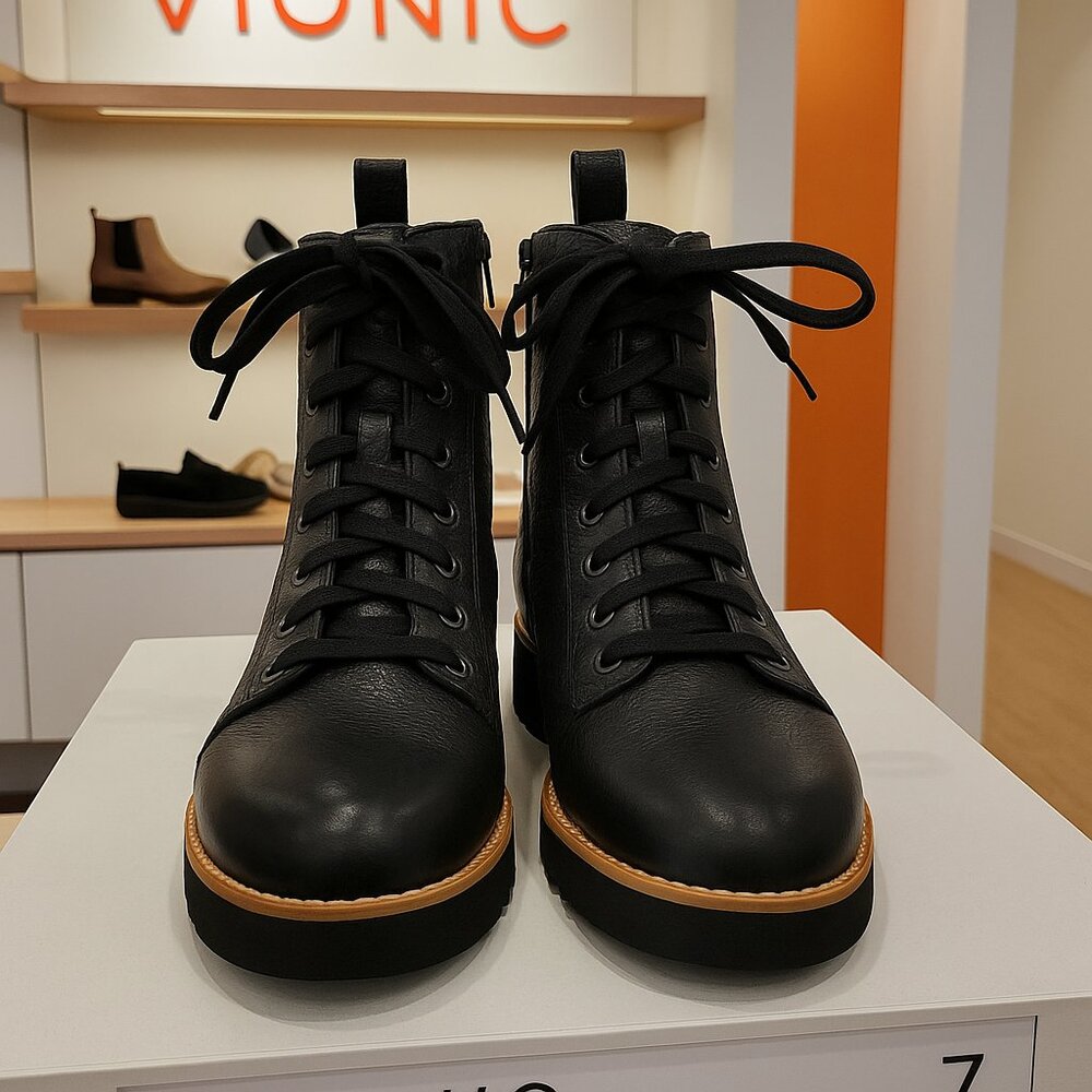 Vionic Lani  Combat  Black Leather Lace-Up Boots | Women’s Size 7 (EU 37) - Picture 2 of 4